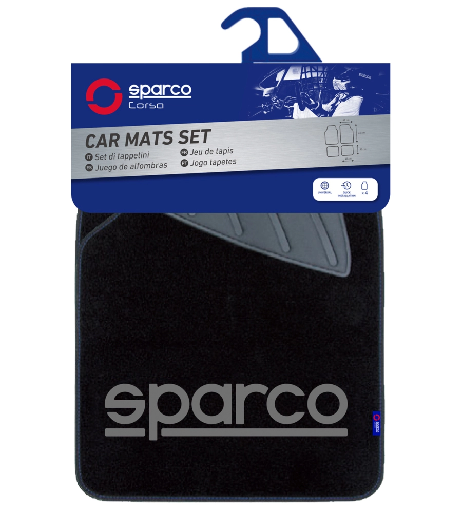 Set 4 pezzi tappeti moquette per auto sparco, colore nero e grigio